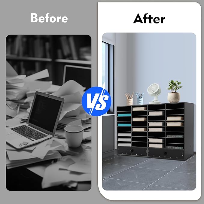 Fifizoo Literature Organizer with 32 Compartments | Adjustable Desktop File Sorter Mail Center for Home, Office & Classroom | PVC Paper Storage Cabinet with 2 Drawers and Shelves, Black