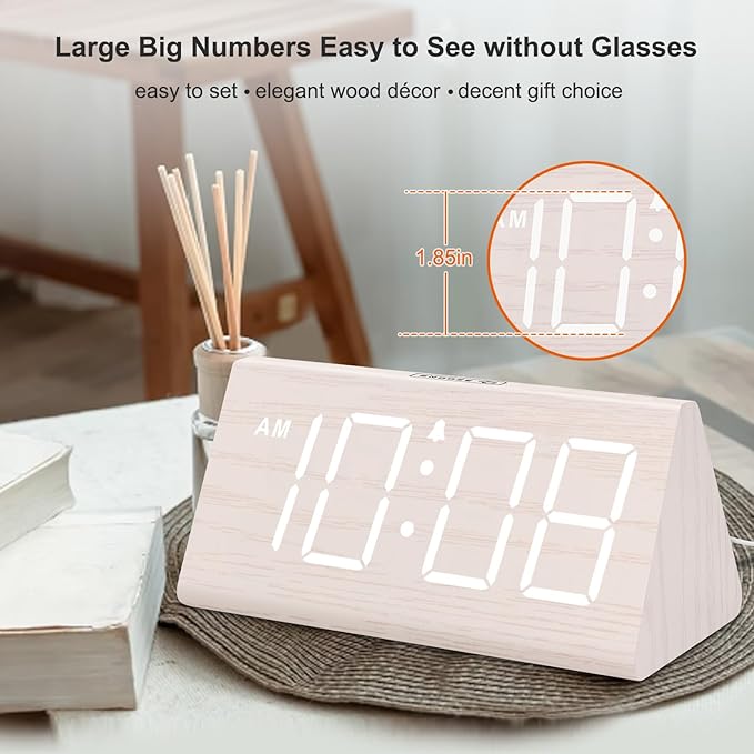 DreamSky Wooden Digital Alarm Clock for Bedroom - Living Room Desk Clock with Large Numbers, Bedside Nightstand Clock with USB Port, Adjustable Volume, Dimmer, DST, Office Wood Décor, Adapter Powered