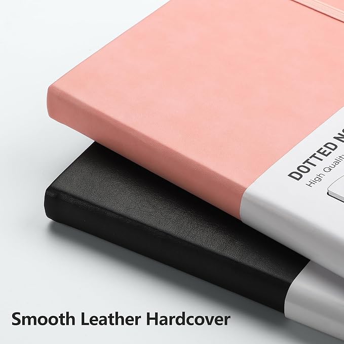 RETTACY Bullet Dotted Journal Notebook, 256 Pages, A5 Medium Size (5.7'' × 8.3''), Leather Hardcover, 120 GSM Thick Paper, for Bullet Journaling, Planning, Tracking (Pink)