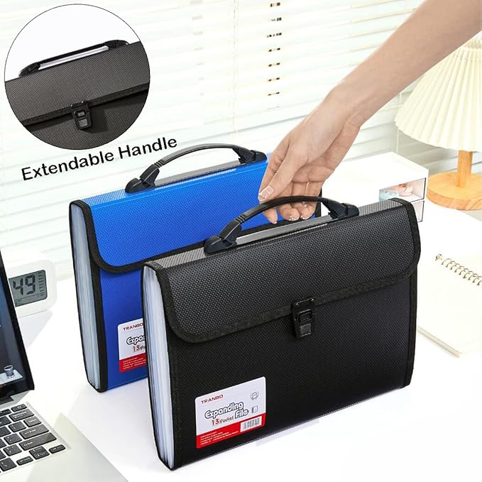 2 Pack 12 Pockets Accordion File Organizer with Handle, TRANBO Letter Size/A4 Expanding File Folder, Portable Paper Organizer, Expandable Plastic Document Organizer for Travel School Office