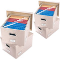 PRANDOM File Organizer Box - Set of 4 Collapsible Decorative Linen Filing Storage Hanging File Folders with Lids Office Cabinet Letter/Legal Size Light Grey (17x14x11.2 inch)