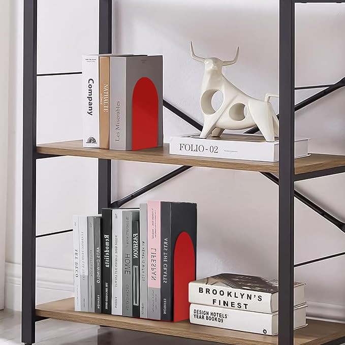 Lulonpon 2 Pieces Book Ends, Bookends, Books Stand, Metal Bookend for Shelves, Red Book Ends for School, Library, Desktop Organizer