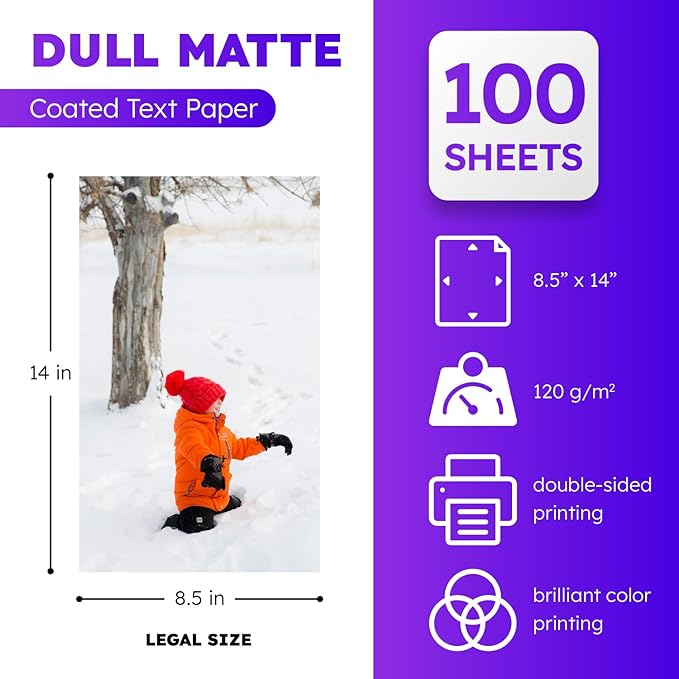 Dull 80lb Text Digital Low Gloss Paper, Double Sided C2S, Coated, Perfect for Color Laser Printing, Design Proposals, Flyers, Brochures | Matte Finish | 8.5" x 14" | 100 Sheets