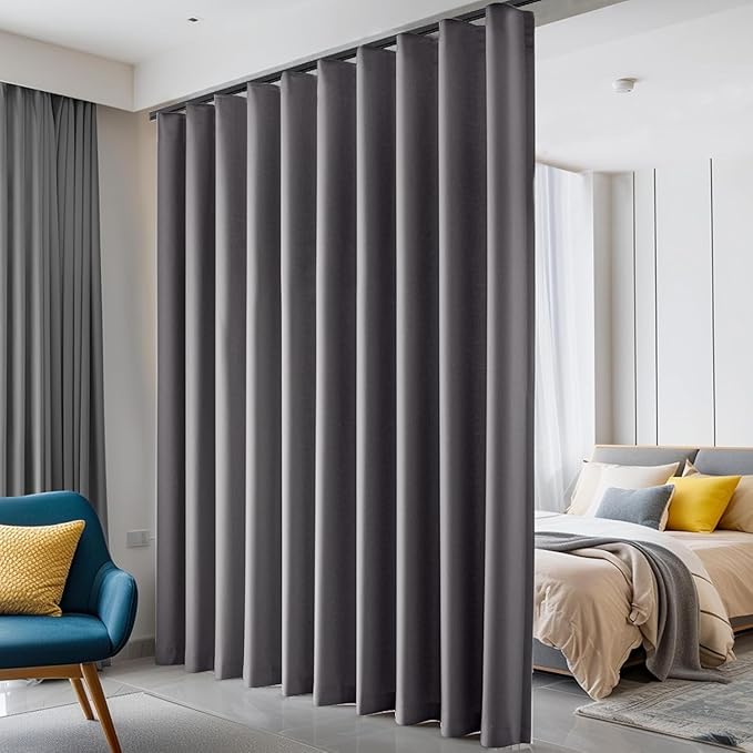 hoeflife Room Divider Curtains Blackout Floor to Ceiling Curtain with Hook Wall Mount Sliding Door Curtains Ceiling Mount Extra Wide Curtain Wall Divider for Room Separation (Grey, W100 x H120 Inch)