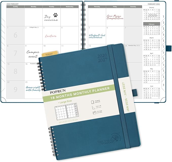POPRUN Monthly Planner 2026-2027 (Large 8.5" x 10.5") 18 Months Calendar Book(Jan 2026 - Jun 2027) - 4 Pages per Month with Expense & Notes, Stair-like tabs, Leather Cover - Night Sky Blue
