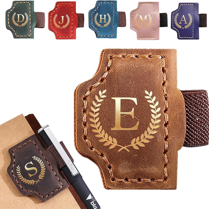 Personalized Mark Bookmark with Pen Holder, Leather Magnetic Book Marker 26 Letters,Custom Initials Page Marks, Gifts for Book Lovers Readers Men Women(Brown, E)