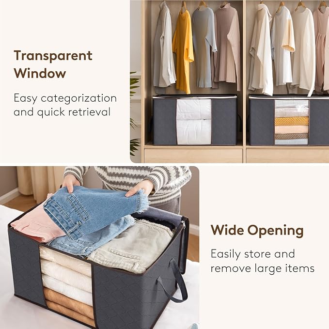 Lifewit Large Capacity Clothes Storage Bag Organizer with Reinforced Handle Thick Fabric for Comforters, Blankets, Bedding, Foldable with Sturdy Zipper, Clear Window, 15 Pack, 90L, Grey