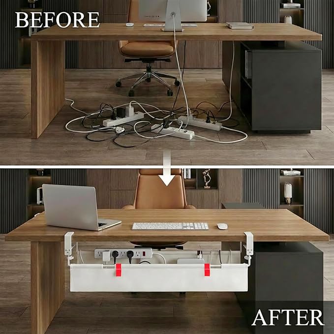 AHOMO [Upgraded] Under Desk Cable Management, 48" Cord Organizer, with Silicone Pads (No Scratch!), 16 Cable Ties, Washable PE Honeycomb Base,Fits Any Desk 0-2.1", No Stinky Cardboard!Beige 48"L x 6"W