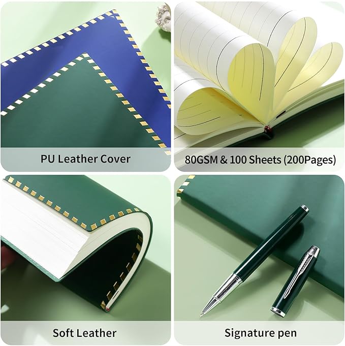 Vebermo Personalized Journal Notebook Set with Pen & Gift Box, Custom Name/Logo Notebook Black A5 College Ruled Lined 8.26''x5.9'' Personalized notebook Gifts for Men and Women,200 Pages,Dark Green
