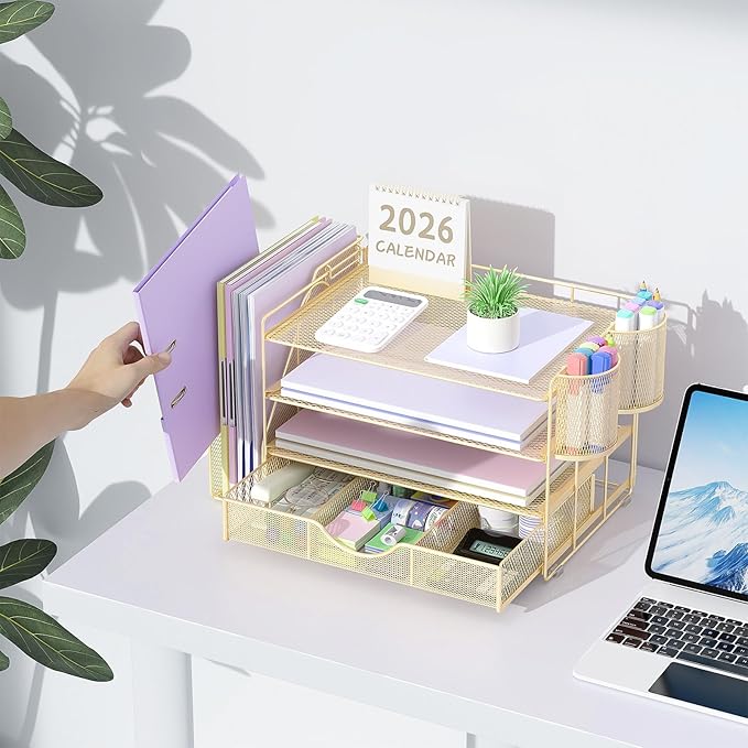 gianotter Desk Organizers and Accessories with File Holder, 4-Tier Desk Accessories & Workspace Organizers with Drawer and 2 Pen Holder, Paper Organizer for Office Supplies(Gold)