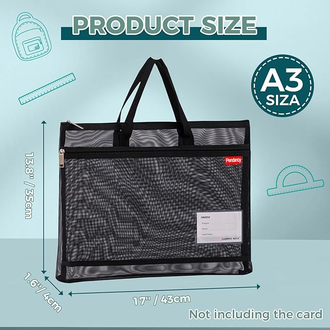 Pendancy Mesh Zipper Pouch A3 Size, Large Double Pocket Lightweight Nylon Transparent File Bag with Handle, 13x17 in Foldable Document Storage for Puzzle Project/Cross Stitch/Travel/Office (Black)