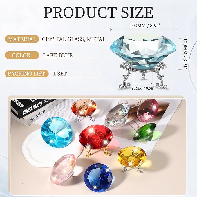 PATIKIL Diamond Crystal Paperweight, 100mm / 3.94" Crystal Paperweight Paper Weight with Silver 25 Metal Base for Home Office Desktop Table Decor Wedding Party Ornaments, Lake Blue