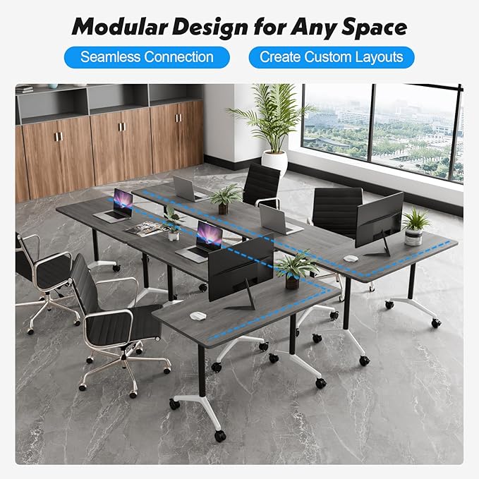 Goakwwuz Conference Room Table, Folding Conference Tables,Thicken Grey Tabletop,Flip Top Wooden Seminar Meeting Room Table for Conference Room Offices (10, Grey, 70.8”)