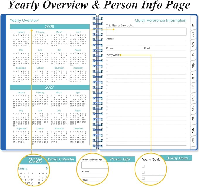 2026 Planner - Planner 2026 from January 2026 - December 2026, Weekly & Monthly Planner Spiral Bound with 12 Monthly Tabs, Inner Pocket, 6.4" x 8.5", Blue-E