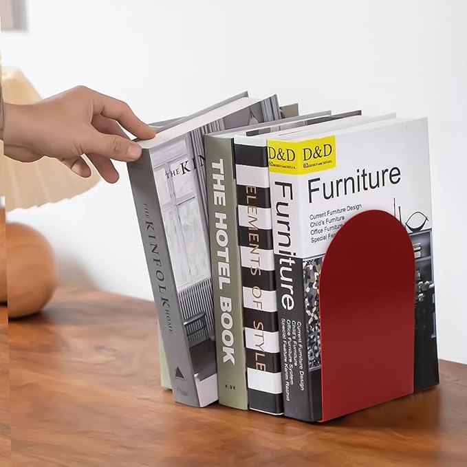 Lulonpon 2 Pieces Book Ends, Bookends, Books Stand, Metal Bookend for Shelves, Red Book Ends for School, Library, Desktop Organizer