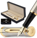 Wordsworth & Black Fountain Pen Set, Medium Nib, Includes 24 Ink Cartridges and Ink Refill Converter, Gift Case, Journaling, Calligraphy, Smooth Writing Pens [Silver Gold], Perfect for Men and Women