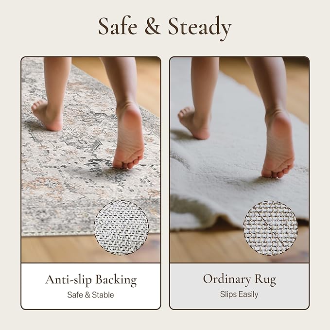 GENIMO 2'6''x16 Runner Rugs for Hallway, Machine Washable Non Slip Vintage Rugs, Low Pile Soft Chenille Print Rug for enrtyway, Corridor, Home Office,Light Taupe Brown