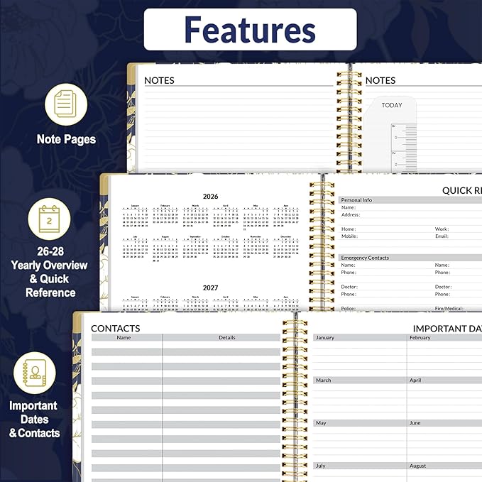 SUNEE 2026 Appointment Book, Quarter-Hourly, Weekly & Monthly - from January 2026 - December 2026, 8.5"x11" Weekly Planner, Flexible Cover, Note Pages, Pockets, Bookmark, Spiral Binding, Dark Blue