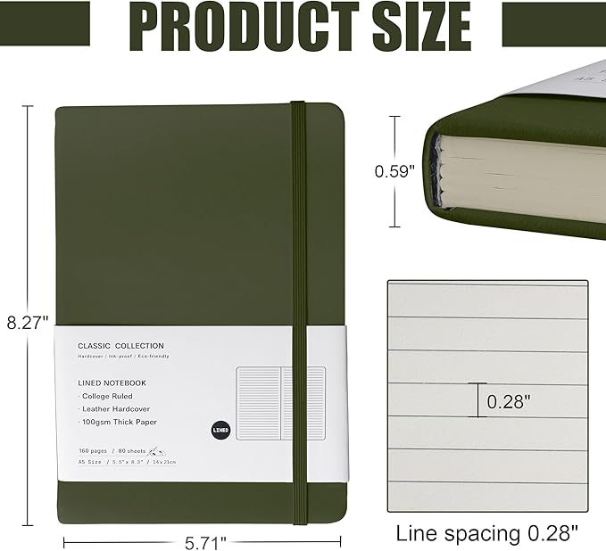 EMOMAS Lined Journal Notebook, 6Pack Hardcover Notebook for Men & Women – Journals for Writing, Work, School, Home & Daily Notes, 160 Pages – Medium A5, 5.7"x8", 100 gsm Thick Paper (Olive Green)