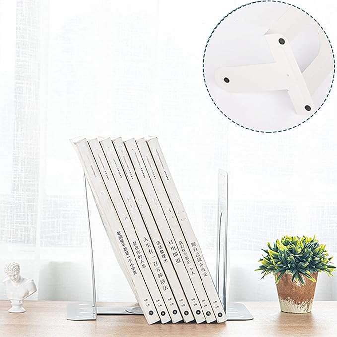 Metal Bookends for Home Office, Book Shelf Holder Home Decorative, Book Ends for Heavy Books/Movies/CDs, White 6.5 x 5 x 5.7 in, 4 Pair/ 8 Piece
