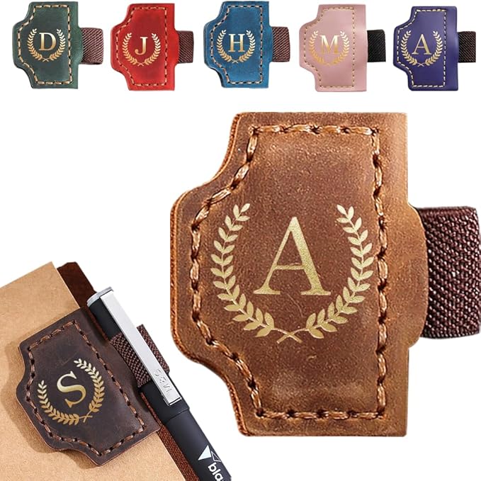 Personalized Mark Bookmark with Pen Holder, Leather Magnetic Book Marker 26 Letters,Custom Initials Page Marks, Gifts for Book Lovers Readers Men Women (Brown, A)