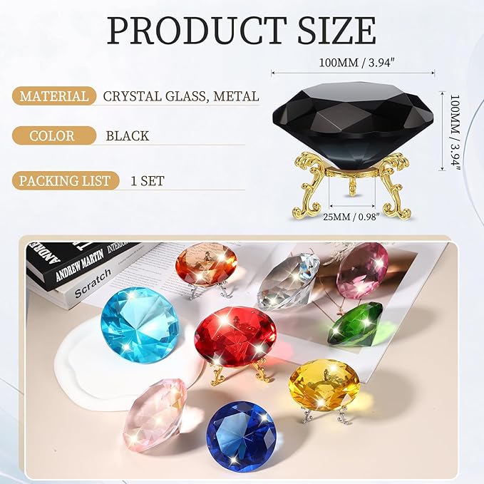 PATIKIL Diamond Crystal Paperweight, 100mm / 3.94" Crystal Paperweight Paper Weight with Gold 25 Metal Base for Home Office Desktop Table Decor Wedding Party Ornaments, Black
