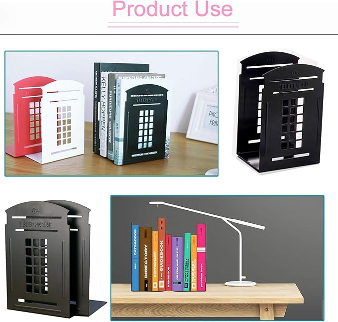 MerryNine 6 Pack Book Ends, Metal Bookends for Shelves, Telephone Booth Decorative Bookends, Non Skid Heavy Bookends, Book, Magazine or CD Organizers for Home and Office (Black-6pcs)