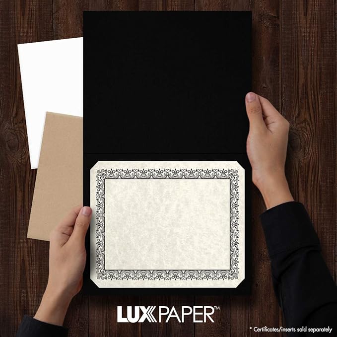 LUXPaper 9.5" x 12" Certificate Holders | Black Linen | Embossed Gold Foil Floral Border | 100lb. Cover | 25 Qty