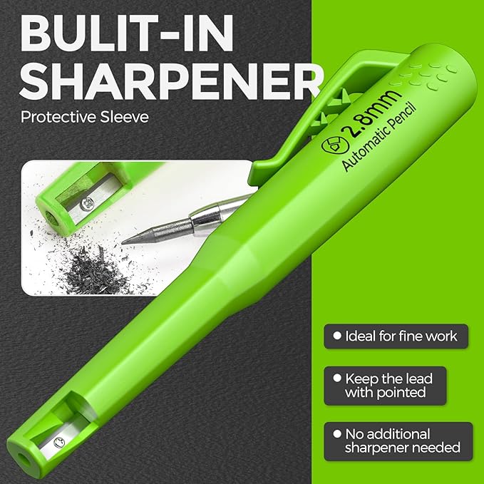 Nicpro 4 Pack CP3000 Carpenter Pencils with Sharpener, Mechanical Pencil Set with 76 Refills, Heavy Duty Construction Pencil, Carpenter Tools for Working Architect Marking (Red, Black, Yellow, Green)
