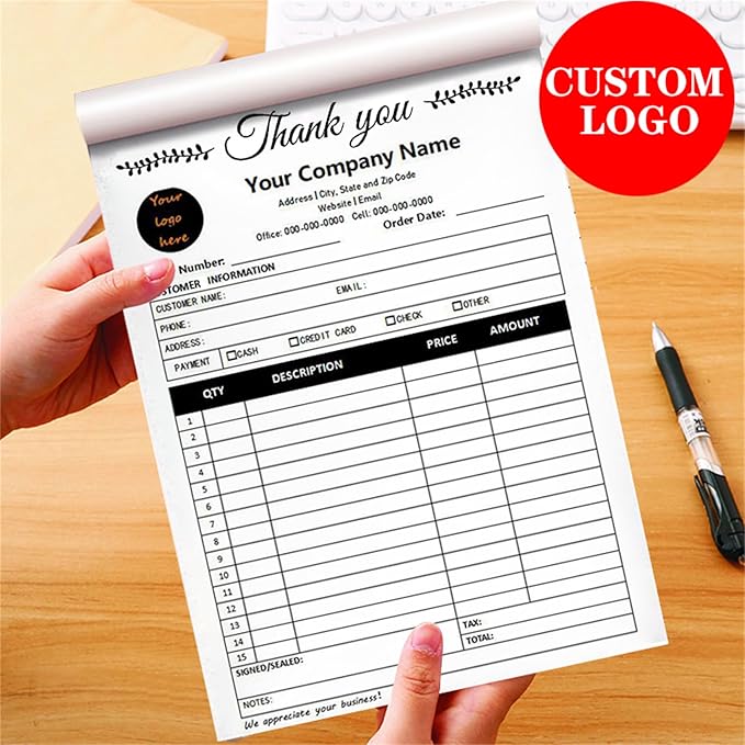 Custom Invoice Book in 3-Part /2-Part Receipt Book with Carbon Copies Personalized Carbonless Service Invoice Form Books Sales Order Book with Company Name Logo Address,C2-Thank You Receipt