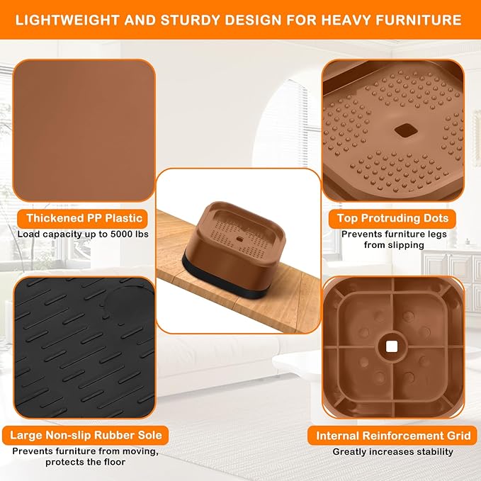 shouwuhho 12 Pack Furniture Risers Adjustable Bed Risers Heavy Duty Lifts Height 1", Square Stackable Bed Risers 1, 2 or 3 Inch for Desk Leg Table Couch Sofa Chair Bed Frame Legs Dorm, Brown