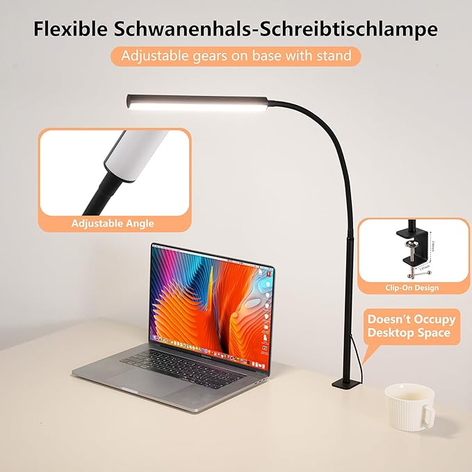 FAPEMIH LED Desk Lamp for Office Home, Adjustable Flexible Eye-Caring Desk Light with,5 Modes 10 Brightness Adjustment, USB Adapter Desk Lamp with Clamp-MINI-B