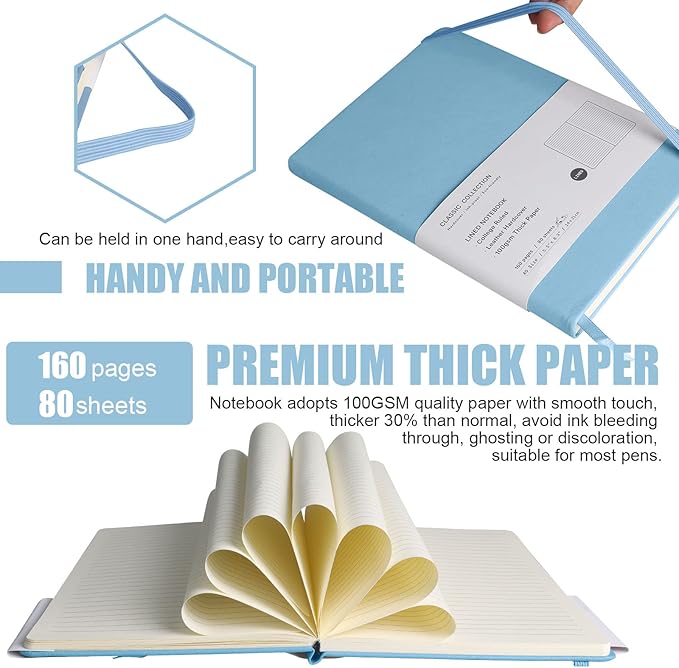 EMOMAS Lined Journal Notebook – Hardcover Notebook for Men & Women – Journals for Writing, Work, School, Home & Daily Notes, 160 Pages – Medium A5, 5.7"x8", 100 gsm Thick Paper (Sky Blue)