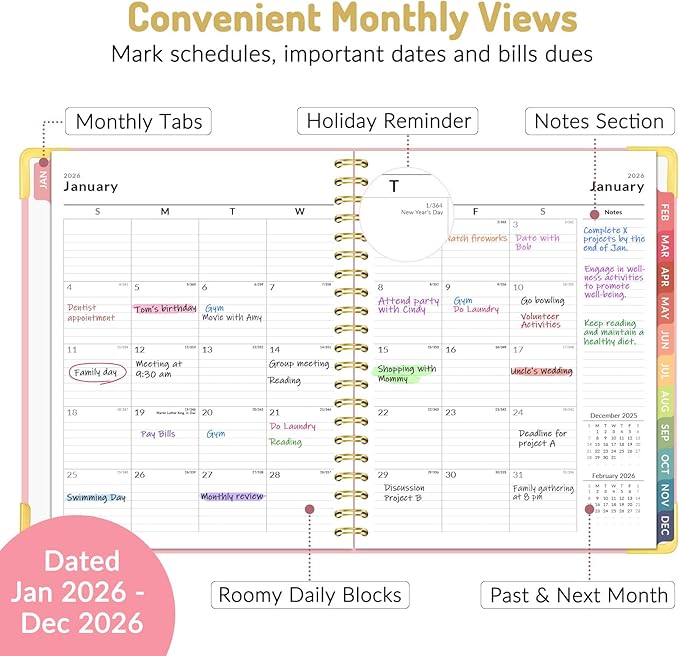 Forvencer 2026 Planner, Hardcover Calendar Planner Weekly and Monthly, Jan 2026 - Dec 2026, 8.5" x 11", Spiral Agenda Book with Tabs, Exquisite Daily Journal Organizer for Home School, Floral