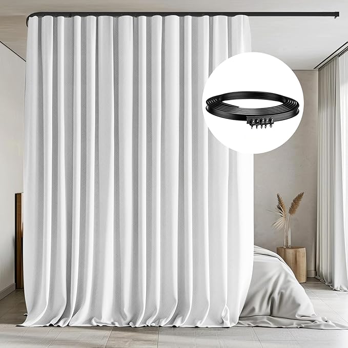 MaKefeile Room Divider Curtains with Flexible Ceiling Tracks Set,Blackout Curtain Ceiling Mount Curtain Track Privacy Room Dividers Ceiling Track Curtain Rod(White Drape & Black Rail W 15 × H 9 FT)