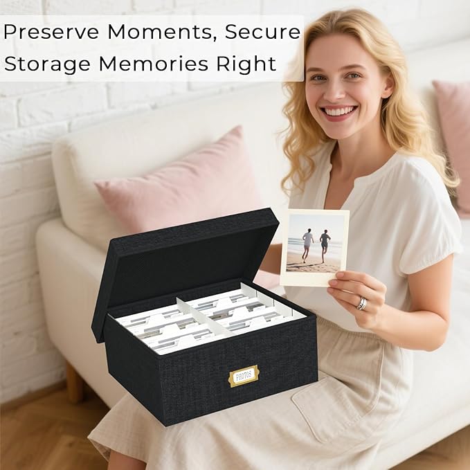Decorative Photo Storage Box - Linen Photo Box Organizer with Dividers, Fits Holds Up to 1700 Pictures and 4x6 Photos, Memory Keepsake Organizer for Photos, Scrapbook Supplies, Cards, Stamps (Black)