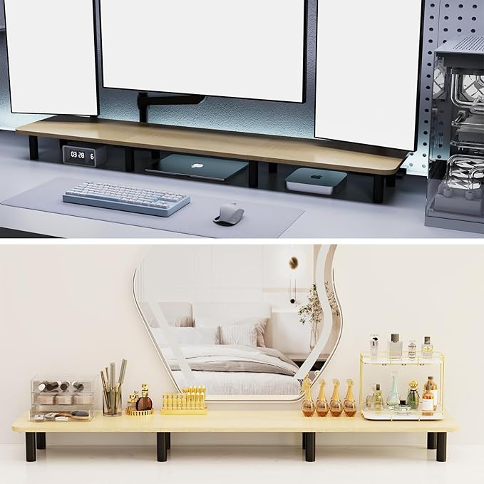 WEGASTU Large Extra Long Monitor Stand Riser 43.7in,Dual Monitor Riser, Wide TV Stand for 2 Monitors, Wood & Steel Leg Adjustable Height Desktop Riser, Home Office Organization. (Natural)
