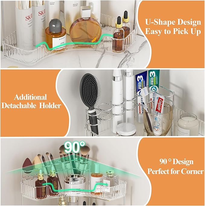 SUNZOS Bathroom Counter Organizer, 2-Tier Corner Bathroom Organizer Countertop with Makeup Brush Holder, Vanity Makeup Cosmetic Storage, Corner Storage for Kitchen, Dresser