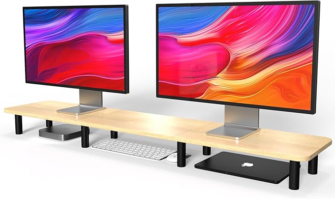 WEGASTU Large Extra Long Monitor Stand Riser 43.7in,Dual Monitor Riser, Wide TV Stand for 2 Monitors, Wood & Steel Leg Adjustable Height Desktop Riser, Home Office Organization. (Natural)