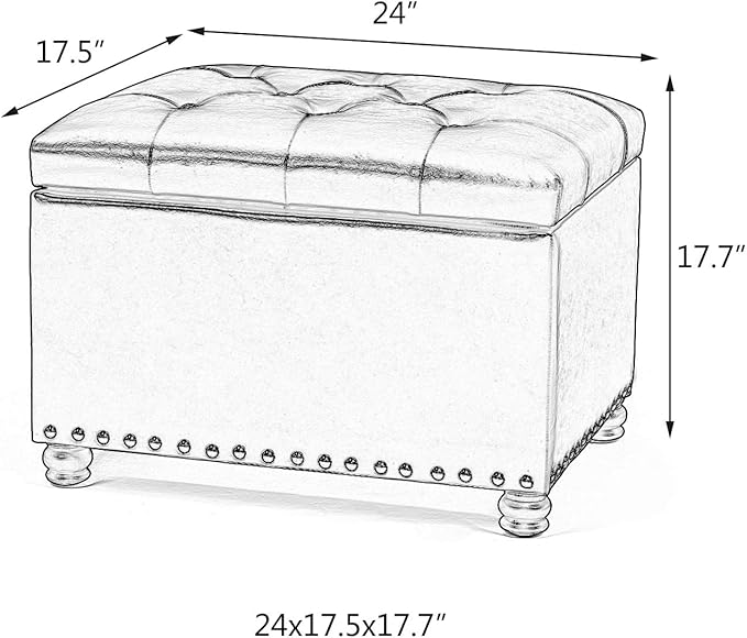 Decent Home 24'' Leather Storage Ottoman Rectangular Foot Rest Stool with Nailhead Trim for Bedroom Living Room(Red)