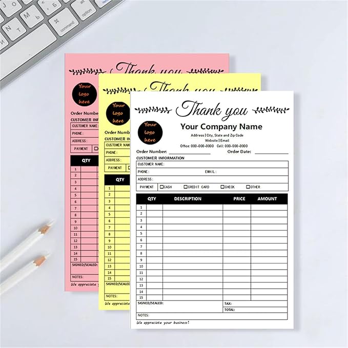 Custom Invoice Book in 3-Part /2-Part Receipt Book with Carbon Copies Personalized Carbonless Service Invoice Form Books Sales Order Book with Company Name Logo Address,C2-Thank You Receipt
