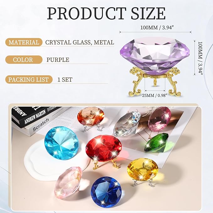 PATIKIL Diamond Crystal Paperweight, 100mm / 3.94" Crystal Paperweight Paper Weight with Gold 25 Metal Base for Home Office Desktop Table Decor Wedding Party Ornaments, Purple