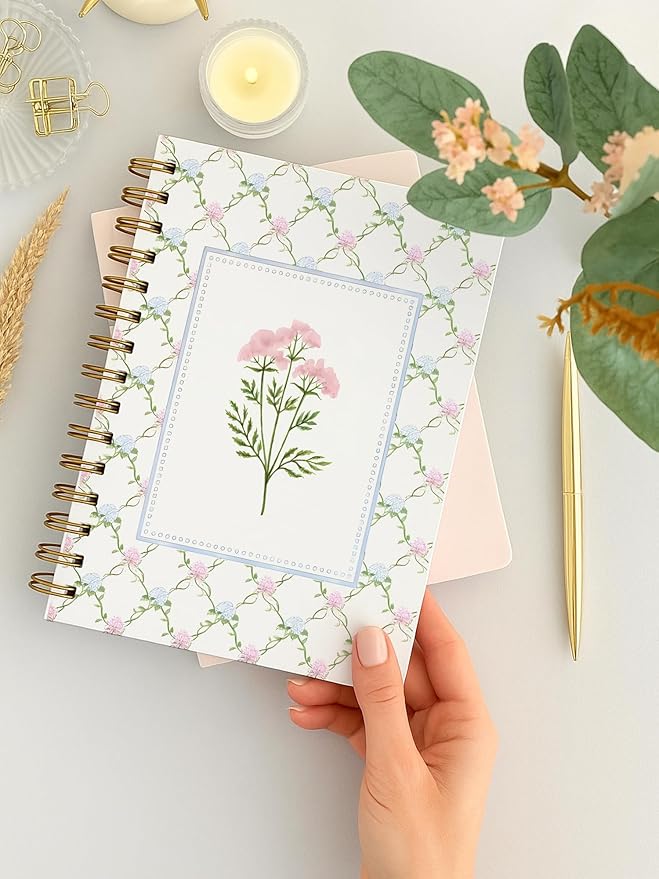 BitKan Pink and Blue Floral Spiral Notebook, Grandmillennial Wild Flower Journal for Women, Preppy Pastel Botanical Aesthetic Notebook 5.5x8.3 Inch, Preppy Office Supplies-364