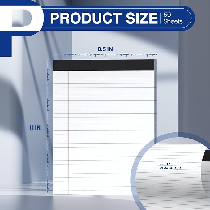 12-Pack Legal Pads 8.5"x11" Wide Ruled Note Pads - 600 Sheets (50/Pad) with Micro-Perforated Notepad & Chipboard Backing To-Do Lists Thick Lined Writing Paper Notebook for School & Office Supplies