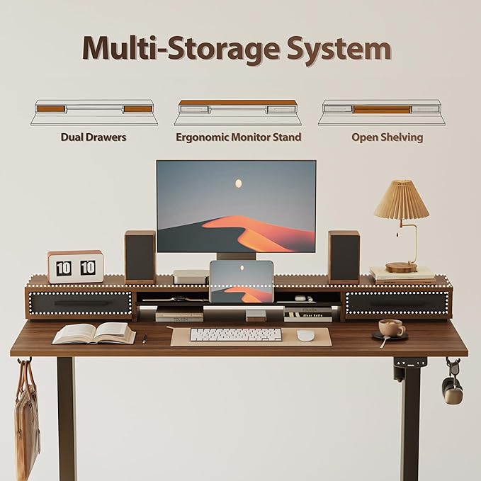 Agilestic 48 Inch Electric Standing Desk with Drawers, Adjustable Desk with Storage Shelf, Stand Up Home Office Computer Table, Splice Board, Dark Walnut