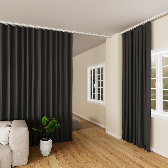 hoeflife Room Divider Curtains Blackout Floor to Ceiling Curtain with Hook Wall Mount Sliding Door Curtains Ceiling Mount Extra Wide Curtain Wall Divider for Room Separation (Black, W100 x H84 Inch)