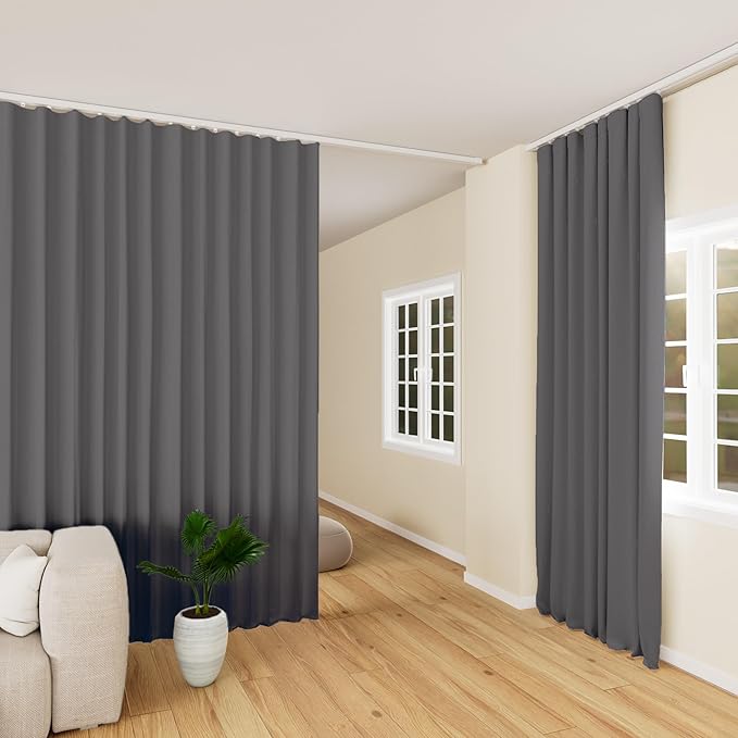 hoeflife Room Divider Curtains Blackout Floor to Ceiling Curtain with Hook Wall Mount Sliding Door Curtains Ceiling Mount Extra Wide Curtain Wall Divider for Room Separation (Grey, W180 x H96 Inch)
