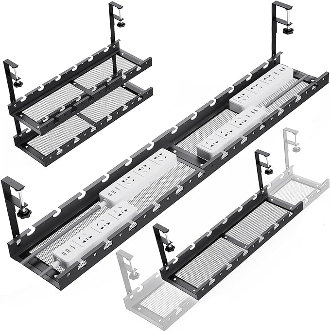 WIGAKDRU 31Inch Extendable Under Desk Cable Management Tray Multi-Model Metal Cable Management Tray Under Desk Cord Management with Clamp Power Strip Cord Holder for Wire Cable Management