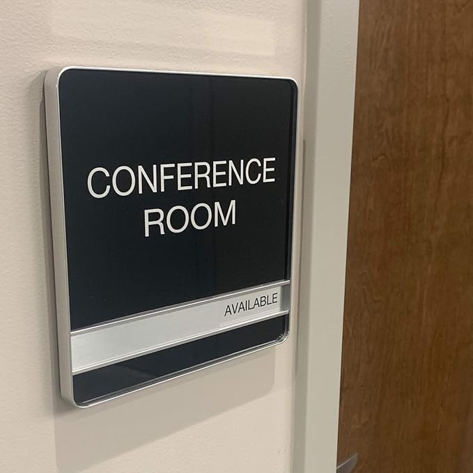 NapTags Conference Room Slider Signs (Black - Silver Frame, 8" x 8")