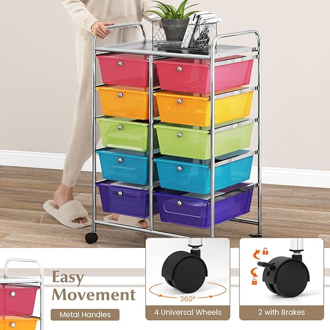 GOFLAME 10-Drawer Rolling Storage Cart, Art Craft Storage Organizer on Wheels, Multipurpose Movable Utility Cart for School, Office and Home, Rainbow